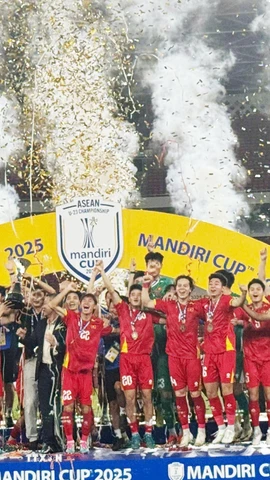 Các cầu thủ U23 Việt Nam hân hoan nâng cao cúp vô địch U23 Đông Nam Á 2025 trên sân Gelora Bung Karno. (Ảnh: Văn Phong/TTXVN)