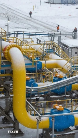 Hệ thống đường ống dẫn khí đốt tự nhiên Nord Stream 2 ở Ust-Luga, Nga. (Ảnh: Bloomberg/TTXVN)