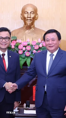 Giáo sư, Tiến sỹ Nguyễn Xuân Thắng tiếp Tiến sỹ Ace Hasan Syadzily, Chủ tịch Học viện Tự cường Dân tộc Cộng hòa Indonesia. (Ảnh: Văn Điệp/TTXVN)