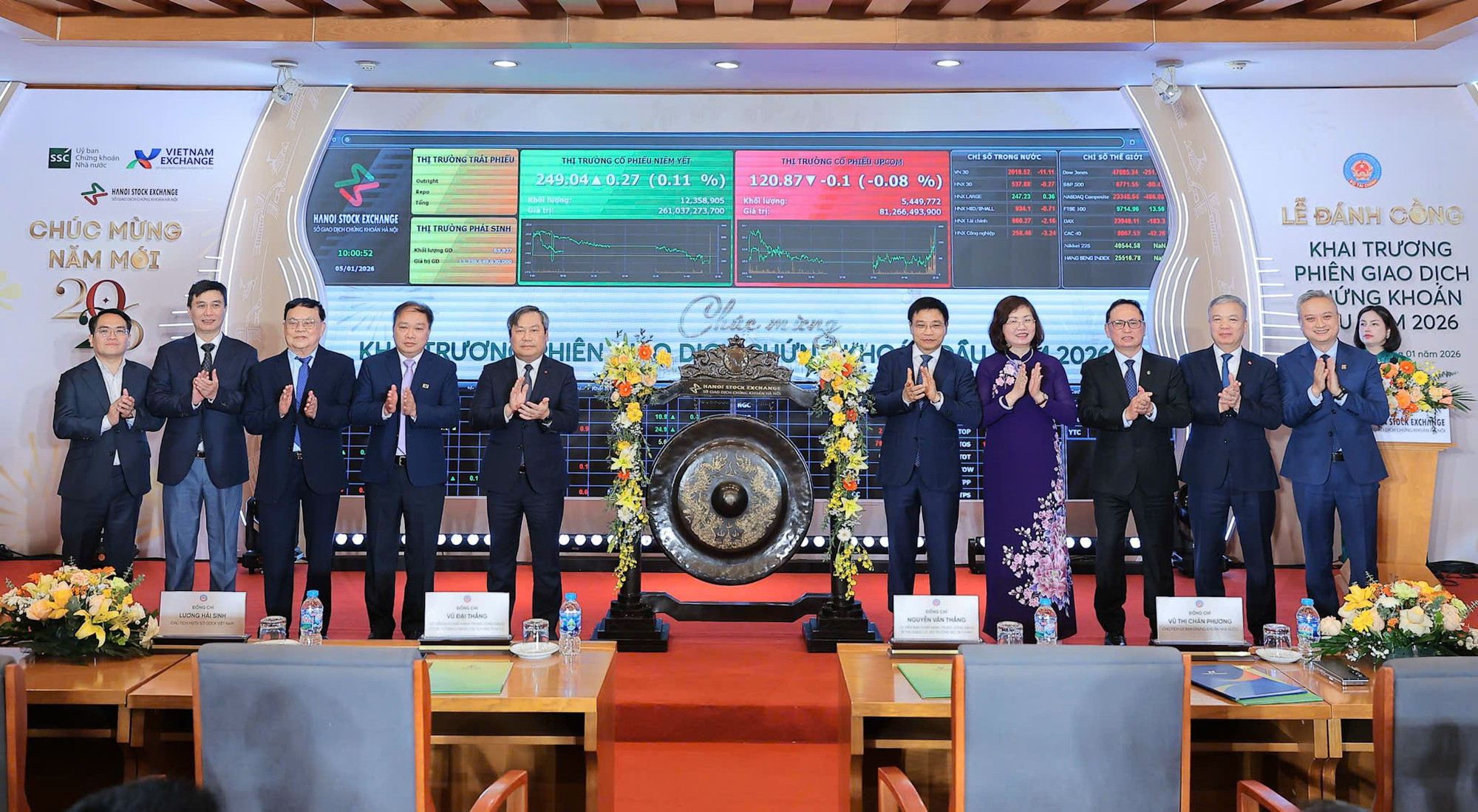 Sáng 5/1/2026, tại Sở Giao dịch Chứng khoán Hà Nội, Bộ trưởng Bộ Tài chính Nguyễn Văn Thắng đã đánh cồng khai trương phiên giao dịch đầu năm 2026. (Ảnh: Vietnam+)