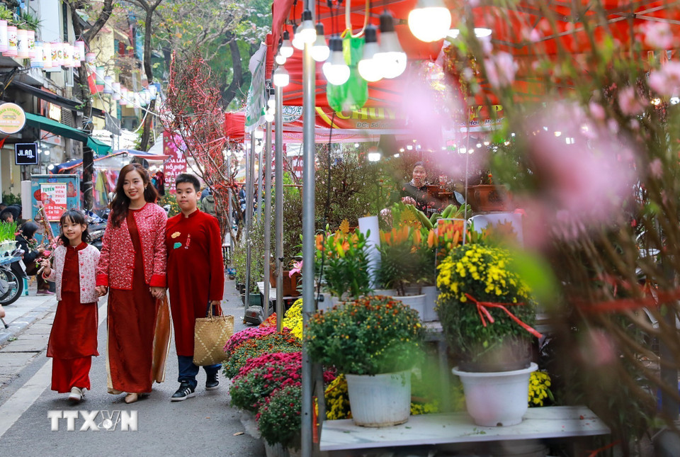 Tới chợ hoa Hàng Lược người ta không chỉ đi mua sắm những mặt hàng thiết yếu mà còn tận hưởng không khí Tết cận kề. (Ảnh: Khánh Hòa/TTXVN)