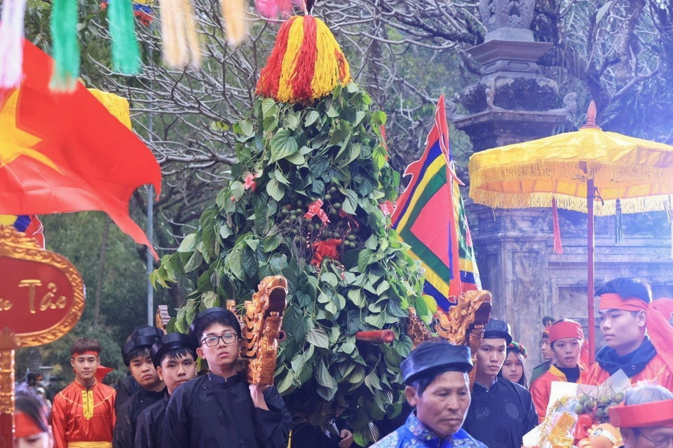 Lễ vật trầu cau cúng tiến của thôn Đan Tảo, xã Tân Minh. (Ảnh: Tuấn Anh/TTXVN)