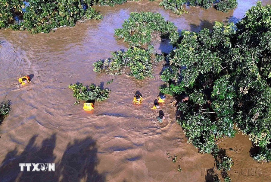 Lực lượng Cảnh sát phòng cháy chữa cháy và cứu nạn, cứu hộ, Công an tỉnh Sơn La giải cứu thành công 6 người tại xã Chiềng Khương bị mắc kẹt trong mưa lũ (1/8/2025). (Ảnh: Quang Quyết/TTXVN)