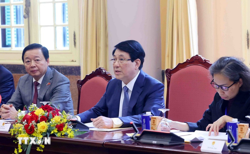 Chủ tịch nước Lương Cường phát biểu. (Ảnh: Phạm Kiên/TTXVN)