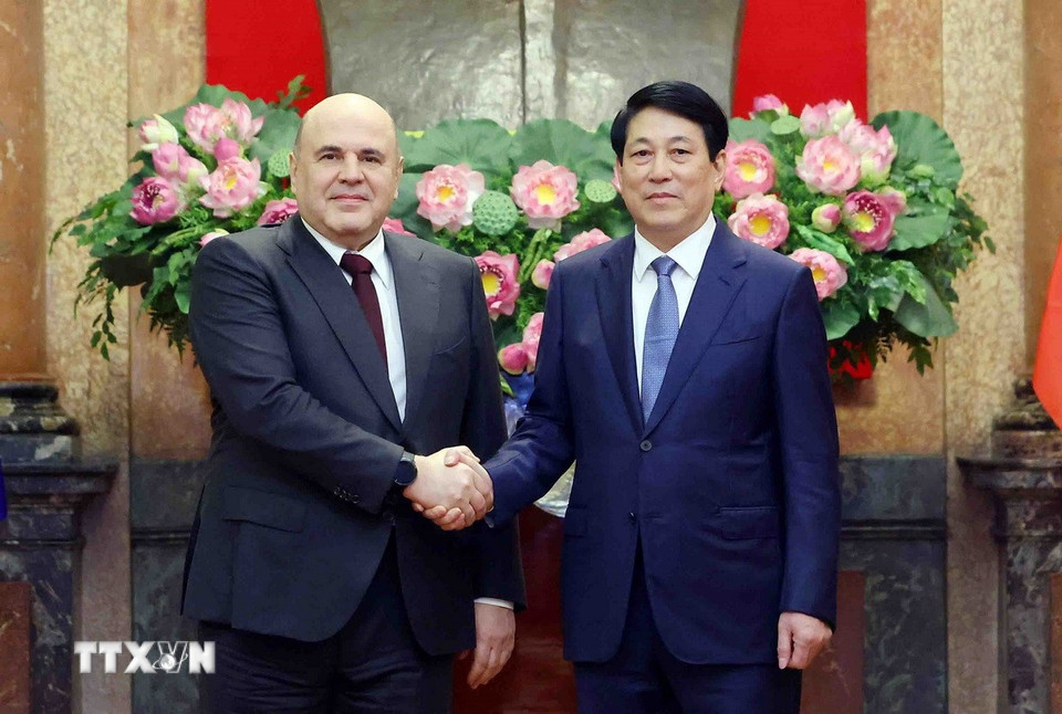 Chủ tịch nước Lương Cường tiếp Thủ tướng Liên bang Nga Mikhail Mishustin. (Ảnh: Phạm Kiên/TTXVN)