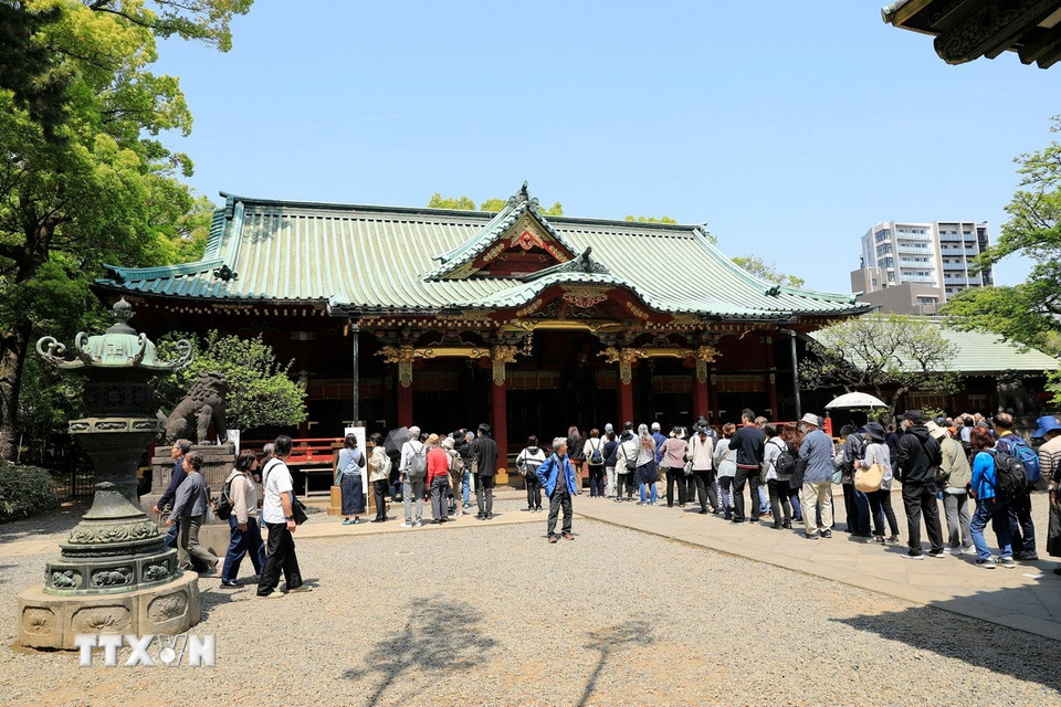 Người dân xếp hàng vào thăm đền Nezu trong dịp lễ hội, Tokyo. (Ảnh: Xuân Giao/TTXVN)