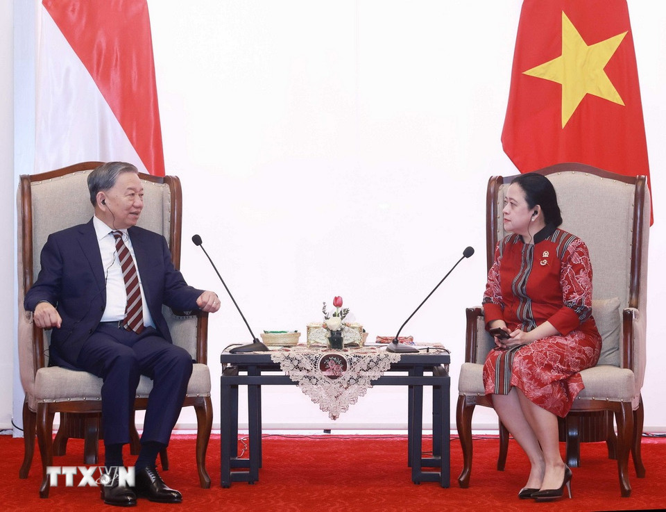 Tổng Bí thư Tô Lâm gặp Chủ tịch Hạ viện Indonesia Puan Maharani. (Ảnh: Thống Nhất/TTXVN)