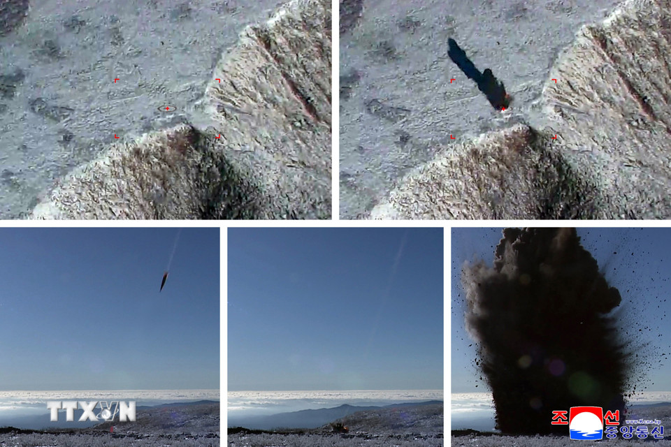 Triều Tiên ngày 23/10/2025 tuyên bố đã phóng thử thành công 2 tên lửa siêu vượt âm, coi đây là “hệ thống vũ khí quan trọng mới” giúp củng cố “năng lực răn đe chiến lược trước các đối thủ tiềm tàng” của Bình Nhưỡng. Hãng thông tấn trung ương Triều Tiên (KCNA) đưa tin “2 tên lửa siêu vượt âm được phóng từ quận Ryokpho, thủ đô Bình Nhưỡng, theo hướng Đông Bắc, đã đánh trúng mục tiêu định sẵn tại vùng cao nguyên Kwesang ở tỉnh Bắc Hamgyong”. (Ảnh: Yonhap/TTXVN)