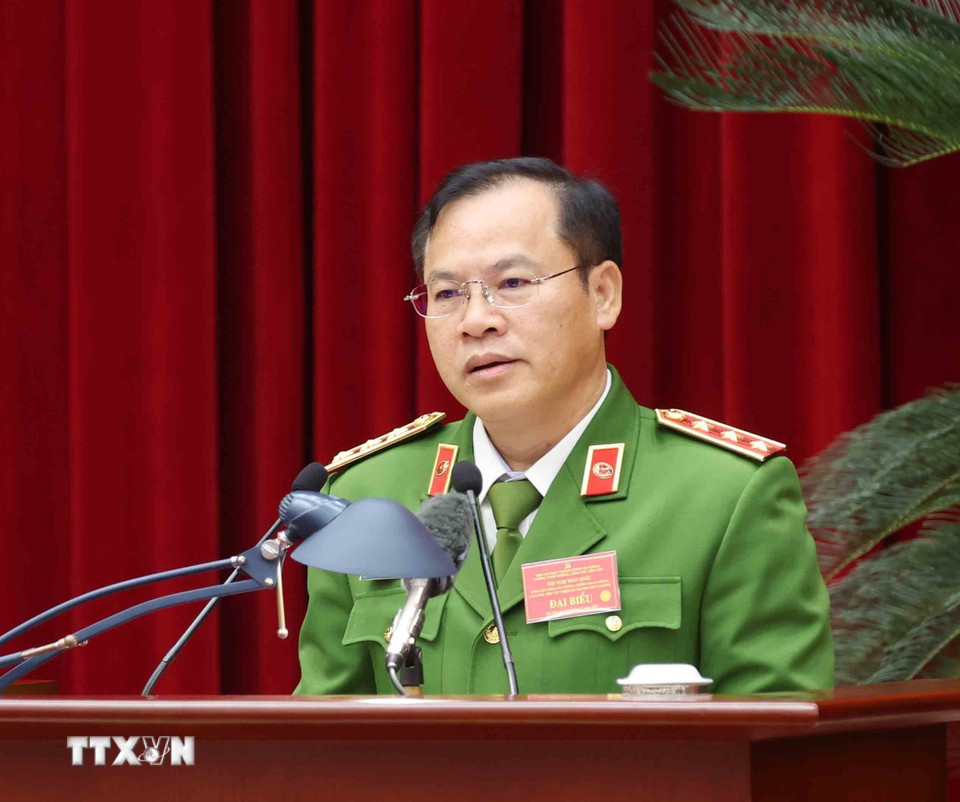 Đồng chí Nguyễn Văn Long, Thứ trưởng Bộ Công an tham luận tại hội nghị. (Ảnh: Phương Hoa/TTXVN)