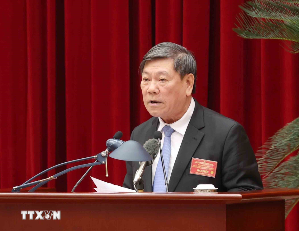 Đồng chí Trần Văn Rón, Ủy viên Trung ương Đảng, Phó Chủ nhiệm Thường trực Ủy ban Kiểm tra Trung ương tham luận tại hội nghị. (Ảnh: Phương Hoa/TTXVN)