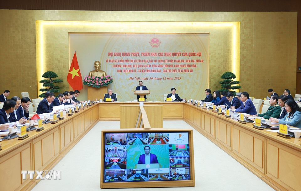 Hội nghị triển khai Nghị quyết của Quốc hội về tháo gỡ khó khăn các dự án và phát triển kinh tế-xã hội vùng đồng bào dân tộc. (Ảnh: Dương Giang/TTXVN)