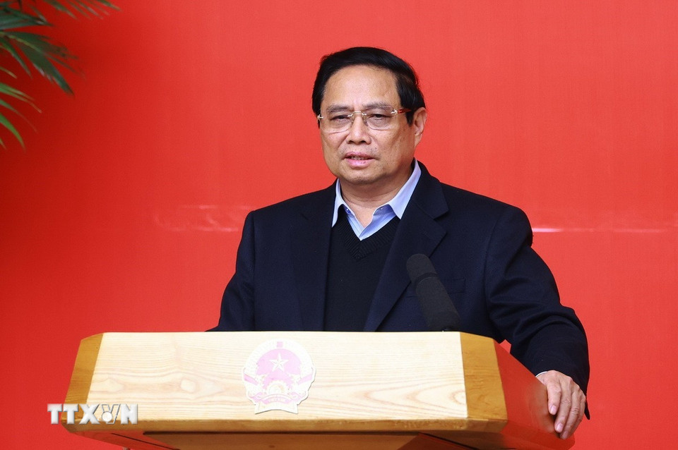 Thủ tướng Phạm Minh Chính, Bí thư Đảng ủy Chính phủ phát biểu. (Ảnh: Dương Giang/TTXVN)