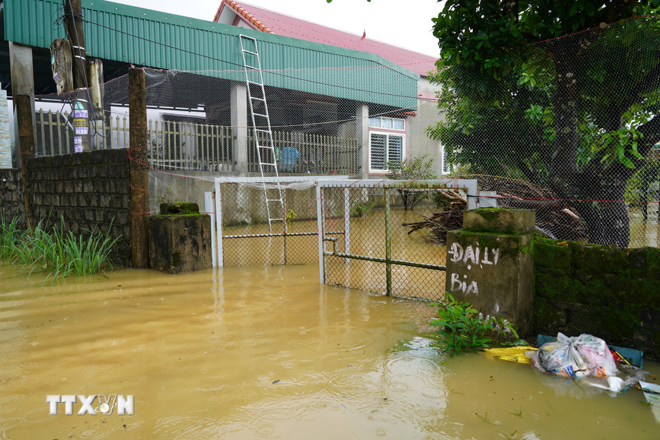 Mưa lớn khiến mực nước tại thôn Tiền Phong, xã Bắc Trạch, dâng cao trong đêm. (Ảnh: Thanh Thủy/TTXVN)