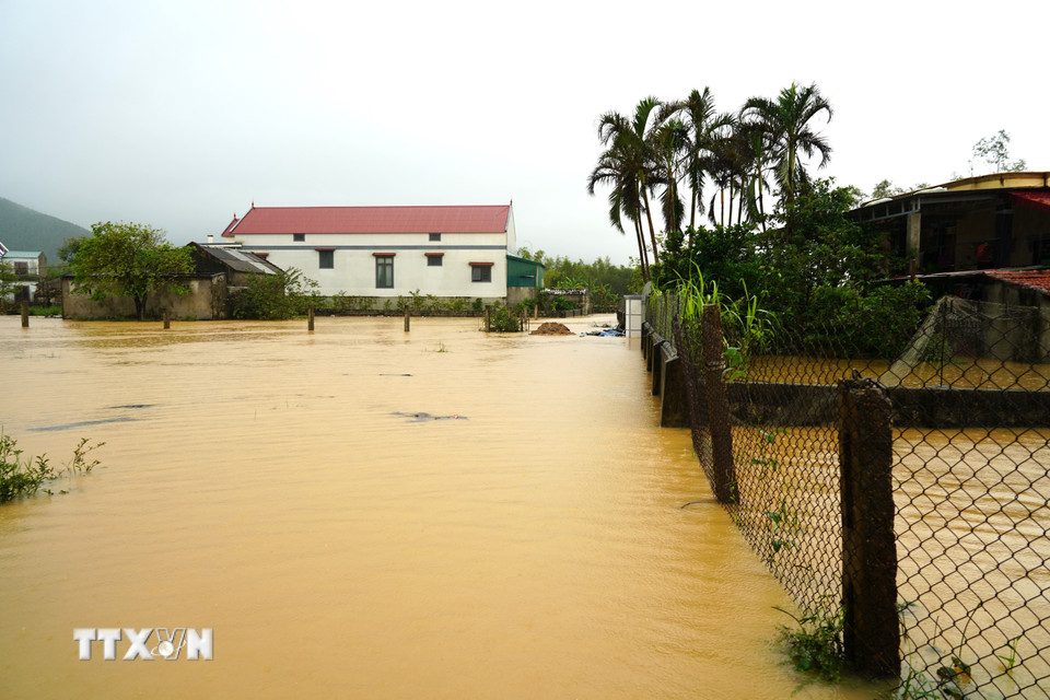Thôn Tiền Phong, xã Bắc Trạch bị ngập sâu trong nước. (Ảnh: Thanh Thủy/TTXVN)