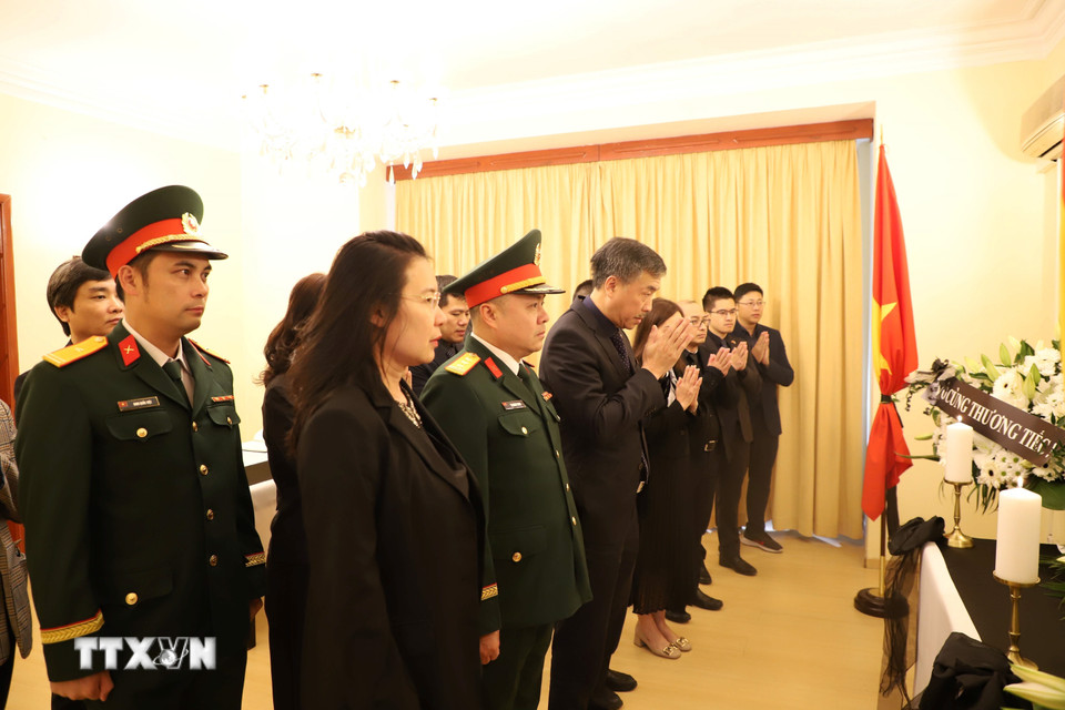 Đoàn đại biểu Đại sứ quán Việt Nam tại Cộng hòa Séc và các cơ quan bên cạnh Đại sứ quán vào viếng nguyên Chủ tịch nước Trần Đức Lương. (Ảnh: Việt Dũng/TTXVN)