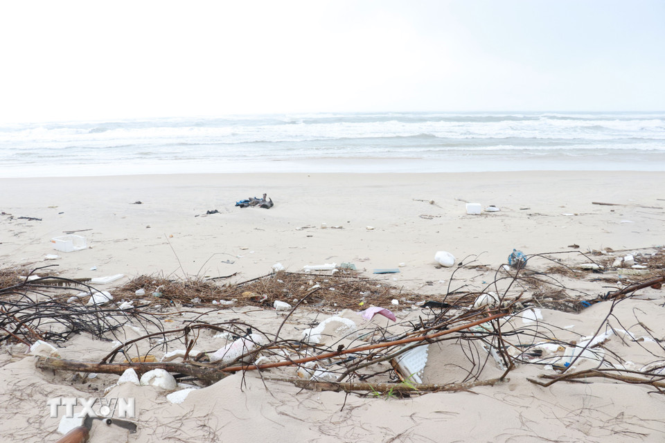 Rác thải dạt vào bãi tắm Cửa Việt, xã Cửa Việt sau các đợt mưa bão liên tiếp. (Ảnh: Tường Vi/TTXVN)