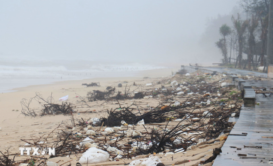 Nhiều loại rác thải dạt vào bãi tắm Trung Giang, xã Bến Hải (Quảng Trị) sau mưa bão. (Ảnh: Tường Vi/TTXVN)