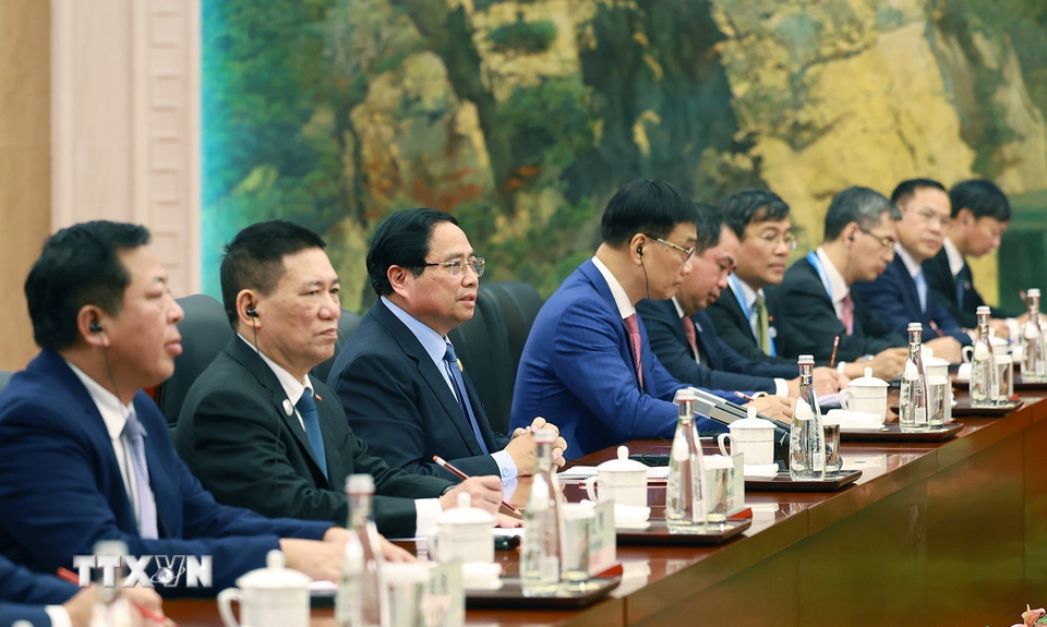 Thủ tướng Phạm Minh Chính phát biểu tại cuộc hội kiến Tổng Bí thư, Chủ tịch nước Trung Quốc Tập Cận Bình. (Ảnh: Dương Giang/TTXVN)