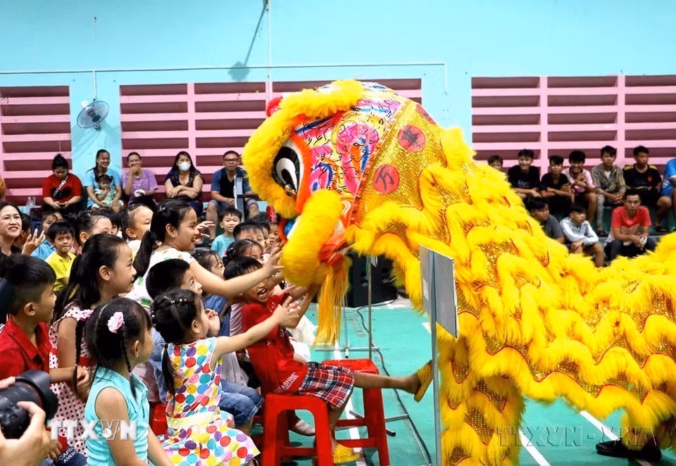 Thiếu nhi háo hức xem múa lân trong chương trình Đêm hội Trăng rằm cho Tỉnh Đoàn Vĩnh Long tổ chức. (Ảnh: Lê Thúy Hằng/TTXVN)