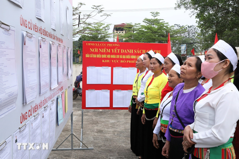 Cử tri thôn Đồng Quân, xã Cúc Phương, Ninh Bình, tìm hiểu về danh sách và tiểu sử những người ứng cử để gửi gắm niềm tin nơi lá phiếu. (Ảnh: Đức Phương/TTXVN)