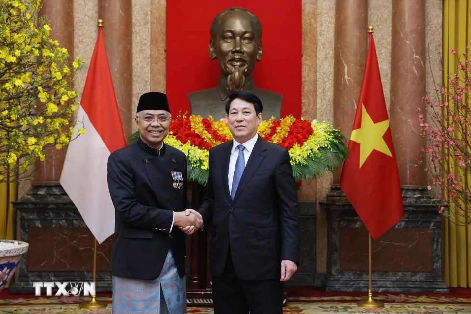 Chủ tịch nước Lương Cường với Đại sứ Cộng hòa Indonesia tại Việt Nam Adam Mulawarman Tugio chụp ảnh chung. (Ảnh: Lâm Khánh/TTXVN)