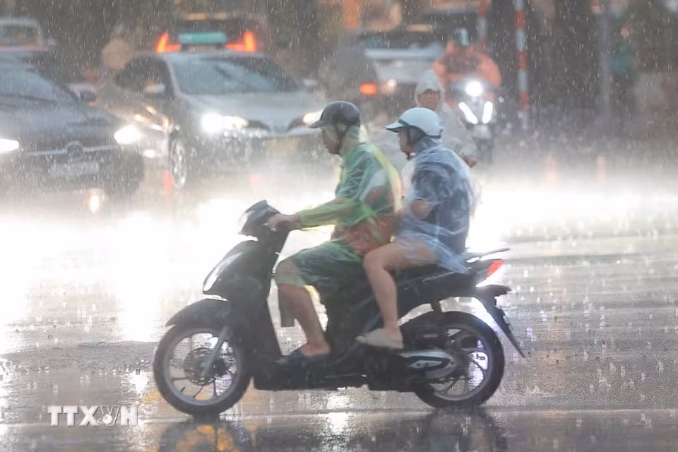 Mưa giông diện rộng trên địa bàn Hà Nội giúp giải tỏa bầu không khí oi nóng nhiều ngày qua. (Ảnh: Minh Quyết/TTXVN)