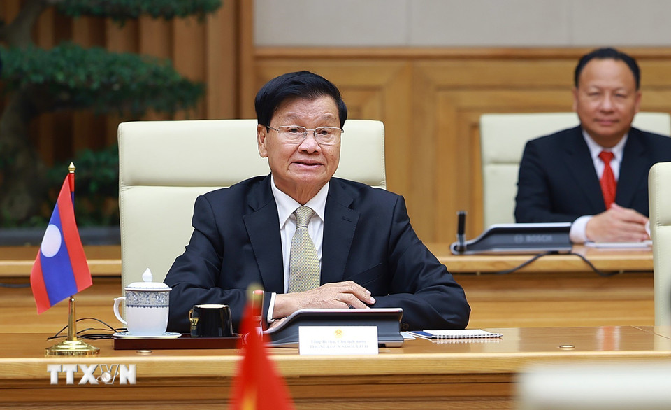 Tổng Bí thư, Chủ tịch nước Lào Thongloun Sisoulith phát biểu. (Ảnh: Dương Giang/TTXVN)