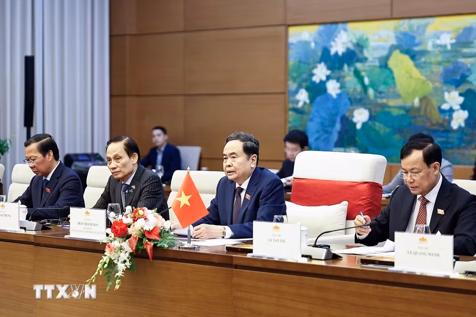 Chủ tịch Quốc hội Trần Thanh Mẫn phát biểu tại cuộc hội kiến Thủ tướng Thái Lan. (Ảnh: Doãn Tấn/TTXVN)
