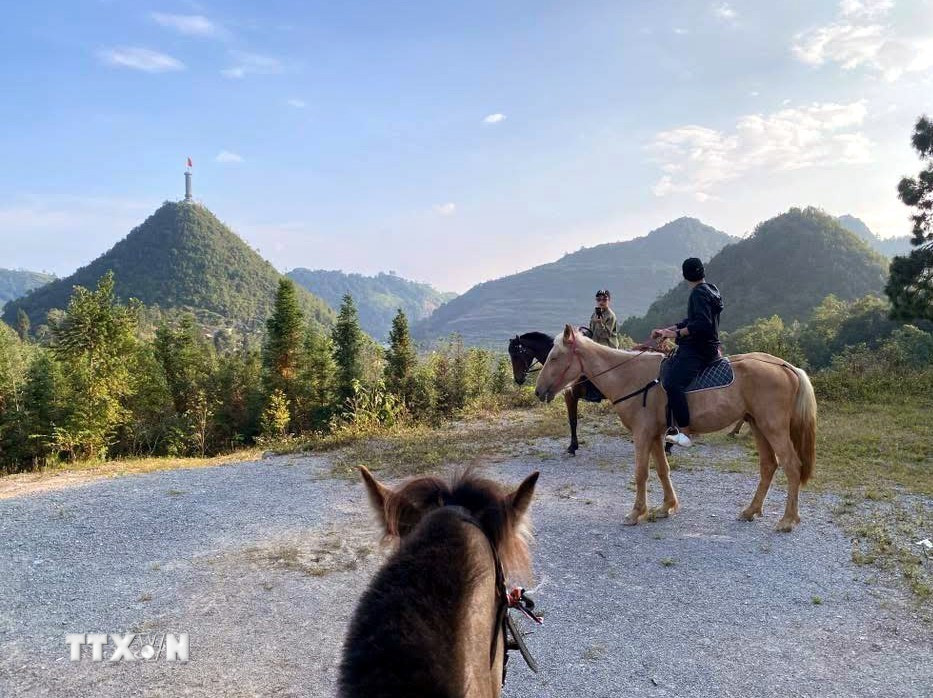 Du khách trải nghiệm dịch vụ cưỡi ngựa ngắm cảnh ở Lũng Cú (Tuyên Quang). (Ảnh: TTXVN phát)