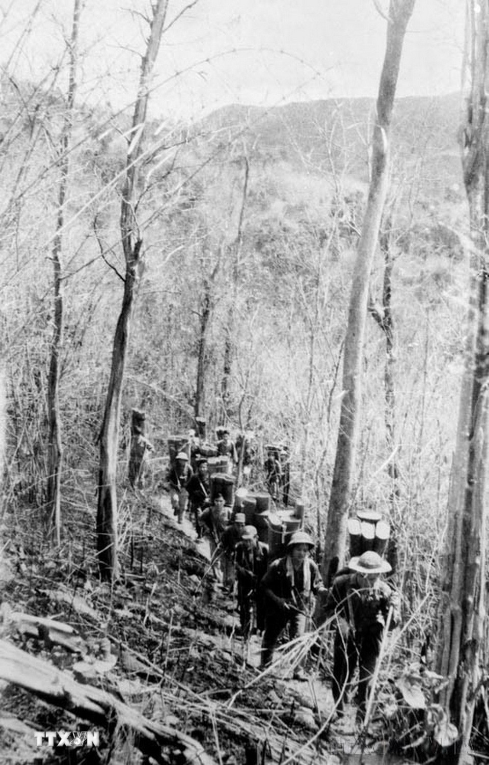 Trong Chiến dịch Tây Nguyên, ta không chỉ xây dựng được lực lượng với khả năng tác chiến binh chủng hợp thành, mà còn có sự chuẩn bị chu đáo về lực lượng hậu cần, kỹ thuật phục vụ. Trong ảnh: Đơn vị vận tải C3 anh hùng (Đoàn 250 Tây Nguyên) cõng đạn ra chiến trường. (Ảnh: Thanh Tung/TTXVN)