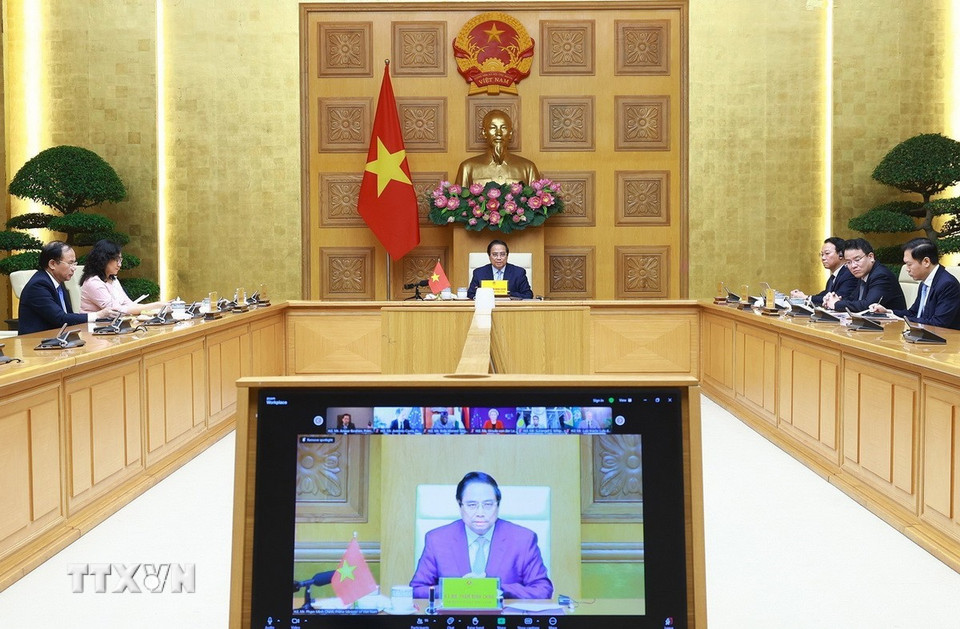 Tối 23/4, tại Hà Nội, Thủ tướng Phạm Minh Chính dự và phát biểu tại Hội nghị cấp cao trực tuyến về khí hậu. (Ảnh: Dương Giang/TTXVN)