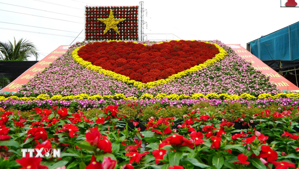 Tiểu cảnh “Trái tim” kết hợp cùng cờ đỏ, sao vàng được xếp hình từ khoảng 1.700 chậu hoa tươi các loại. (Ảnh: Nhựt An/TTXVN)