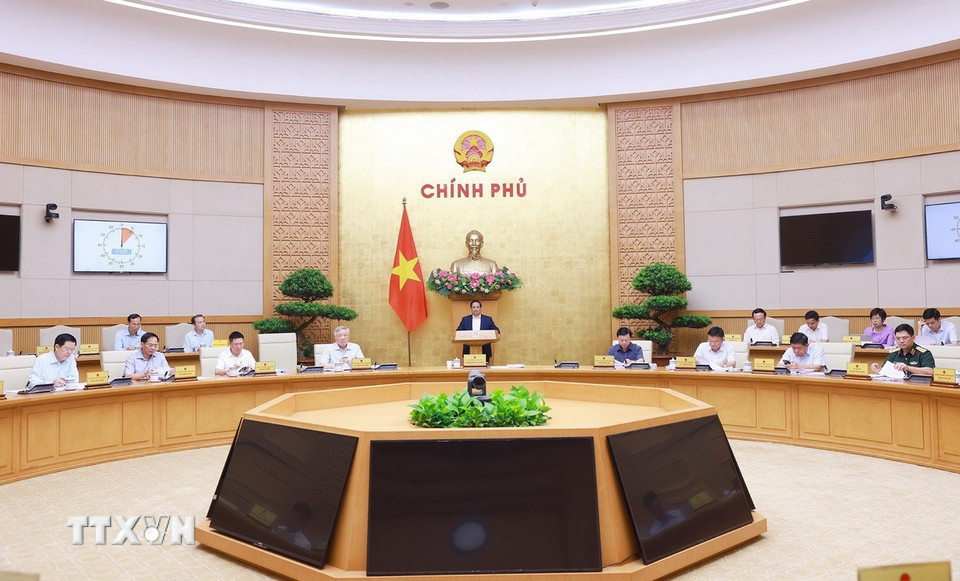 Thủ tướng Phạm Minh Chính chủ trì Phiên họp Chính phủ chuyên đề về xây dựng pháp luật tháng 5 năm 2025. (Ảnh: Dương Giang/TTXVN)