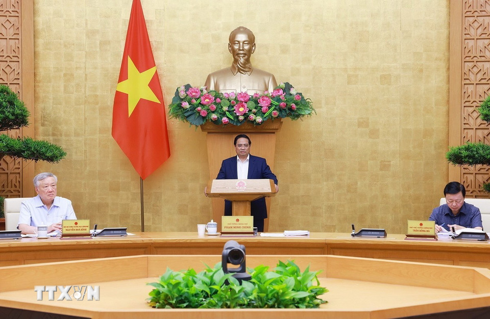 Thủ tướng Phạm Minh Chính chủ trì Phiên họp Chính phủ chuyên đề về xây dựng pháp luật tháng 5 năm 2025. (Ảnh: Dương Giang/TTXVN)