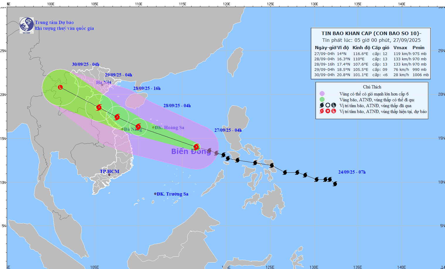 Vị trí và đường đi của bão. (Nguồn: Trung tâm Dự báo Khí tượng Thủy văn Quốc gia)