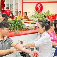 Các bạn trẻ hiến máu tại Lễ hội Xuân hồng 2026. (Ảnh: PV/Vietnam+)