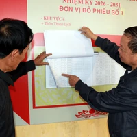 Người dân tra cứu danh sách cử tri. (Ảnh: Nguyễn Lành/TTXVN)