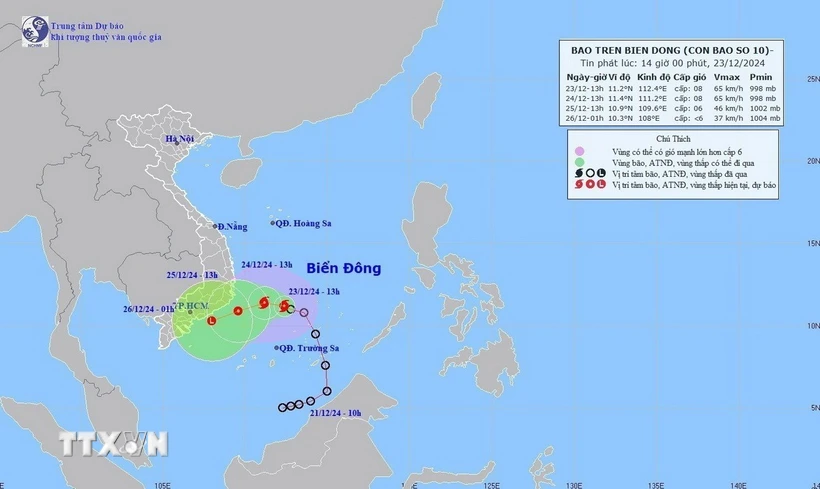 Đường đi của bão số 10 (PABUK) lúc 13h ngày 23/12/2024. (Ảnh: TTXVN phát)