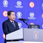 Chủ tịch Quốc hội Trần Thanh Mẫn phát biểu tại Phiên thảo luận chung về chủ đề “Nuôi dưỡng hy vọng, bảo đảm hòa bình và bảo vệ công lý cho các thế hệ tương lai.” (Ảnh: Doãn Tấn/TTXVN)