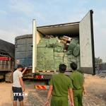 Lực lượng chức năng kiểm tra phát hiện 2 xe tải đông lạnh chứa hàng hóa không hóa đơn chứng từ chứng minh nguồn gốc xuất xứ. (Ảnh: TTXVN phát)