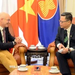Đại sứ đặc mệnh toàn quyền Việt Nam tại Pháp Trịnh Đức Hải trao đổi với ông Frédéric Cheneau, Phó Chủ tịch phụ trách phát triển kinh doanh quốc tế của Assystem, về hợp tác trong lĩnh vực điện hạt nhân. (Ảnh: Hữu Chiến/TTXVN)