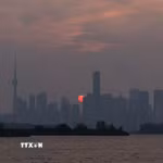 Khói từ các đám cháy rừng bao phủ bầu trời Toronto, Canada, ngày 16/7/2026. (Ảnh: THX/TTXVN phát)
