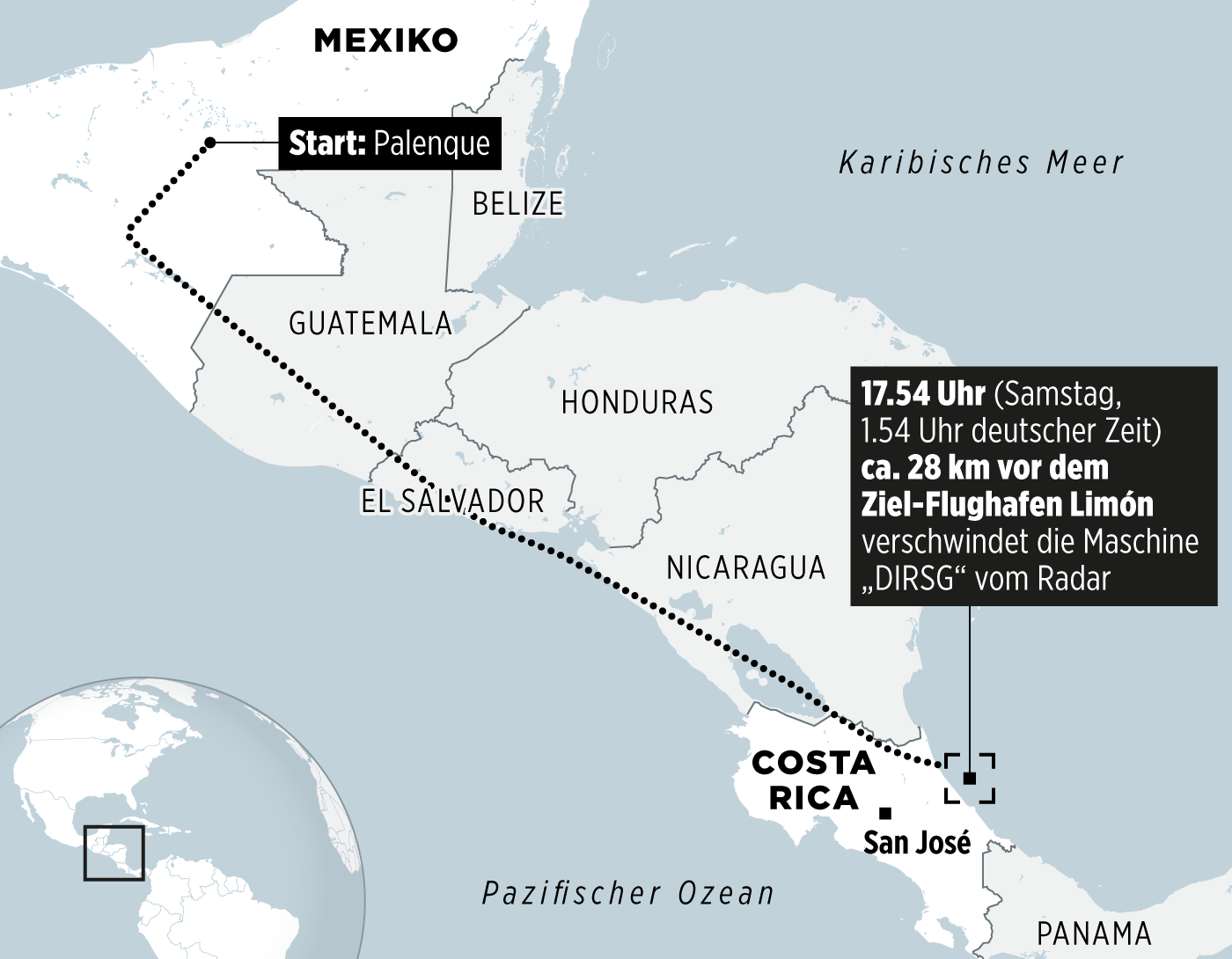 Hành trình của chếc máy bay gặp nạn. (Nguồn: bild.de) Costa Rica phát hiện 2 thi thể vụ tai nạn máy bay chở 5 người Đức ảnh 1