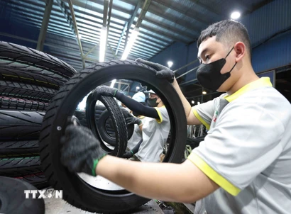 Sản xuất sản phẩm lốp xe máy ở nhà máy của Công ty Trách nhiệm hữu hạn Cao su CAMEL Việt Nam, 100% vốn Thái Lan tại khu kinh tế Cửa khẩu quốc tế Lao Bảo, tỉnh Quảng Trị. (Ảnh: Vũ Sinh/TTXVN)