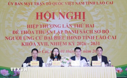 Ủy ban Mặt trận Tổ quốc Việt Nam tỉnh Lào Cai tổ chức Hội nghị Hiệp thương lần thứ 2 để thỏa thuận lập danh sách sơ bộ người ứng cử đại biểu Quốc hội khóa XVI và Hội đồng Nhân dân tỉnh Lào Cai khóa XVII, nhiệm kỳ 2026-2031. (Ảnh: TTXVN phát)