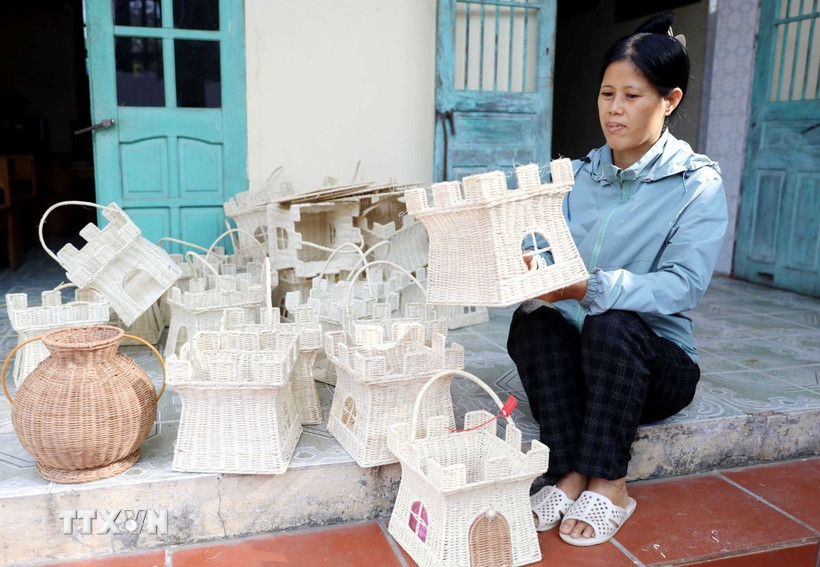 Nhờ việc nhận gia công cho các cơ sở sản xuất mây tre đan, chị Vũ Thị Son (thôn Bình Trật Nam, xã Bình Nguyên, tỉnh Hưng Yên) đã tạo việc làm cho nhiều phụ nữ đồng thời giữ được nghề truyền thống. (Ảnh: Thế Duyệt/TTXVN)