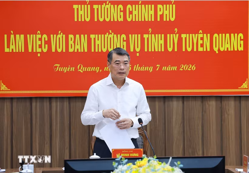 Thủ tướng Lê Minh Hưng làm việc với Ban Thường vụ Tỉnh ủy Tuyên Quang. (Ảnh: Dương Giang/TTXVN)