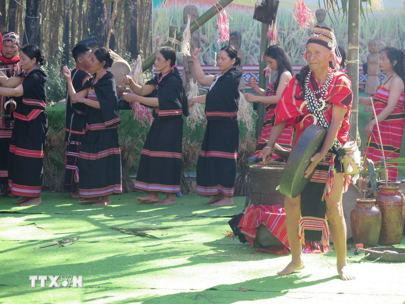 Các nghệ nhân Làng Du lịch cộng đồng Đăk Răng, xã Dục Nông, tỉnh Quảng Ngãi tái hiện Lễ mừng lúa mới của dân tộc Giẻ Triêng. (Ảnh: Dư Toán/TTXVN)