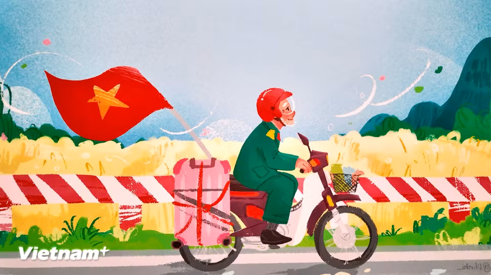 Một trong các chủ đề phổ biến là hình ảnh cựu chiến binh hạnh phúc trong thời bình. Trong tranh là cựu chiến binh Trần Văn Thanh vượt hàng ngàn cây số trên "chiến mã" vào Nam để đón A50. (Ảnh chụp: Minh Anh/Vietnam+)