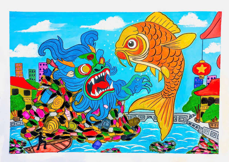 Tranh "Hồi sinh dòng sông xanh" đoạt giải Xuất sắc của tác giả Hồ Ngọc Gia Bình (8 tuổi) quê Quảng Nam. (Ảnh: Gia đình cung cấp)